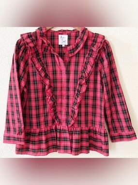 The Shirt by Rochelle Behrens Red and Black Plaid Ruffle Button Top
